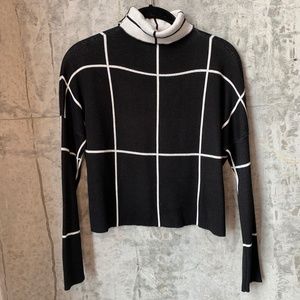 Geometric Black and White Turtleneck Crop Sweater